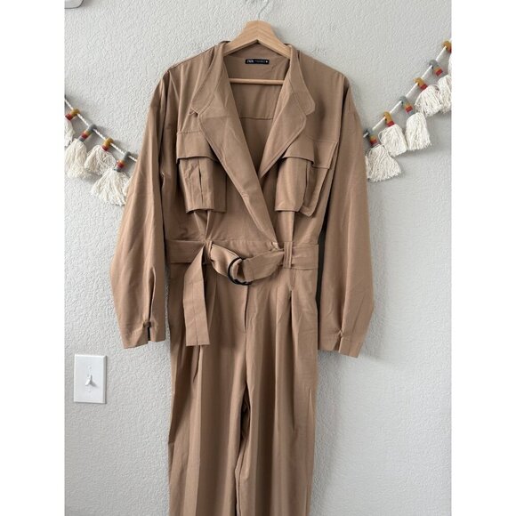 Zara Long Utility V-Neck Jumpsuit Straight Leg Belted In Camel Contemporary M - Picture 5 of 13